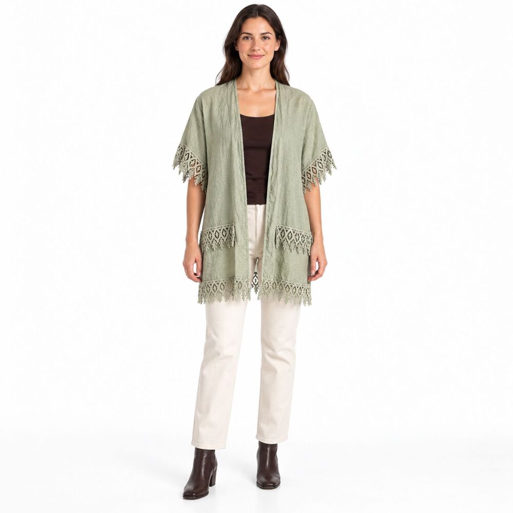 Valentina Naldi linen cardigan short sleeve olive green open shirt os lace hem